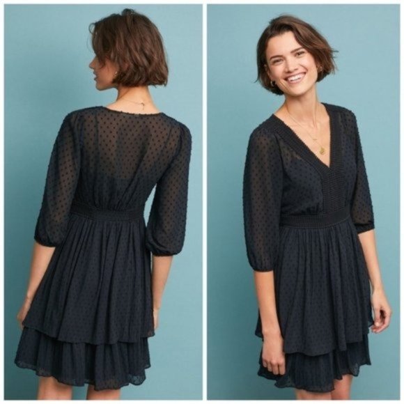 Anthropologie Dresses & Skirts - Anthropologie Meadow Rue Minetta Tiered Black Swiss Dot Chiffon Dress Size 6 L95